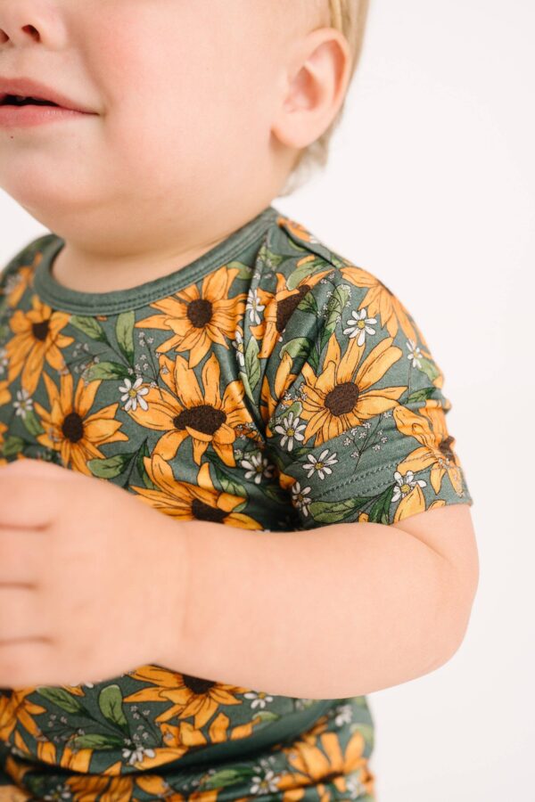 little one shop sunflower meadow bamboo shorts set Baby wearing sunflower print shirt.