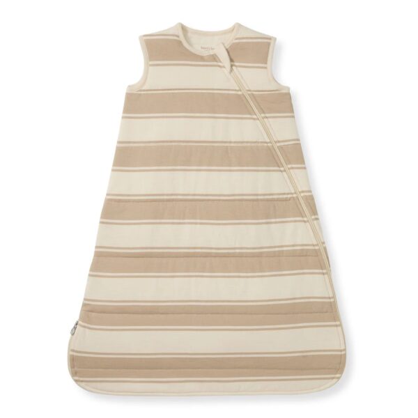 Beige striped baby sleep sack with zipper.