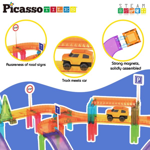 picassotiles 60pc magnet tile race track set led car travel size Colorful magnetic road track with toy car and signs.
