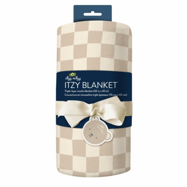 itzy ritzy itzy blanket™: giddy up! Checkered triple-layer muslin blanket with ribbon.