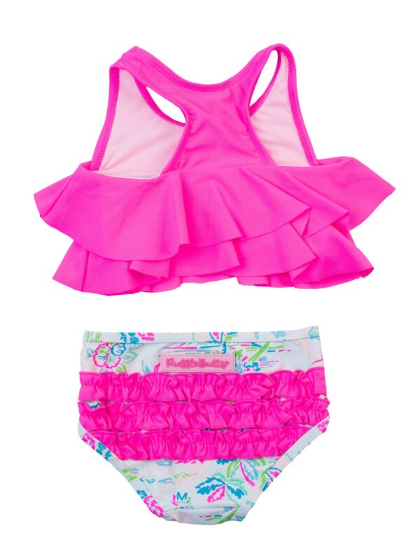 rufflebutts + ruggedbutts girls tropical resort flounce bikini Pink ruffled swimsuit for kids.
