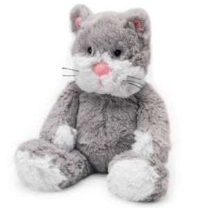 Gray cat plush toy with pink nose.