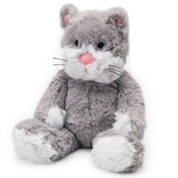 Gray cat plush toy with pink nose.