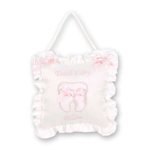 bearington collection le petite tooth pillow pink White tooth fairy pillow with pink bows and ruffles.