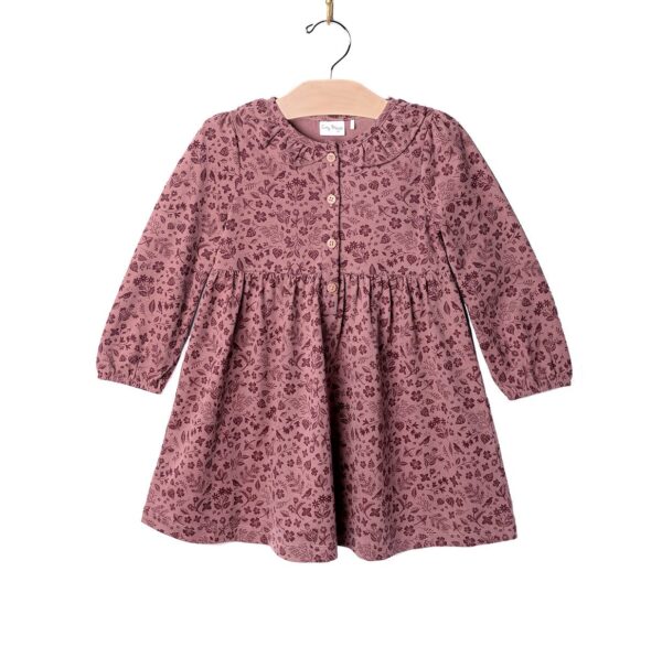city mouse studio frill collar dress plum birds Pink floral long-sleeve dress for toddlers