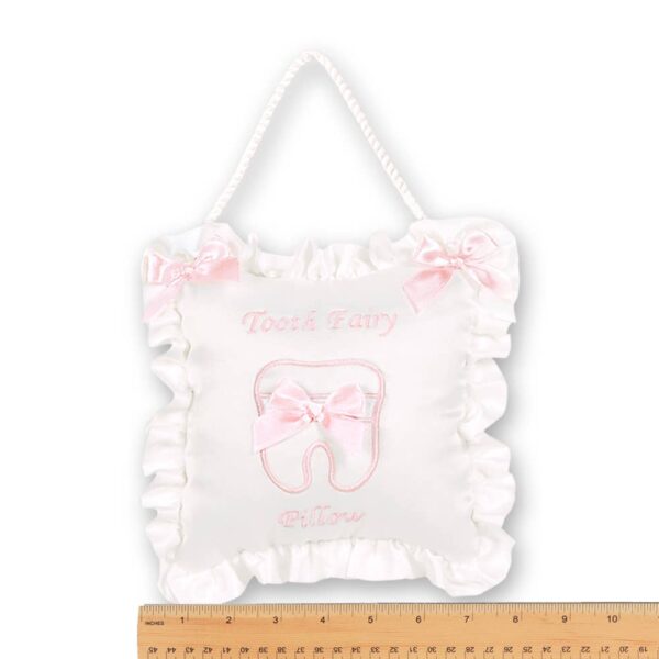 bearington collection le petite tooth pillow pink White tooth fairy pillow with pink bows.