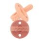 Peach-colored braided silicone pacifier for babies.