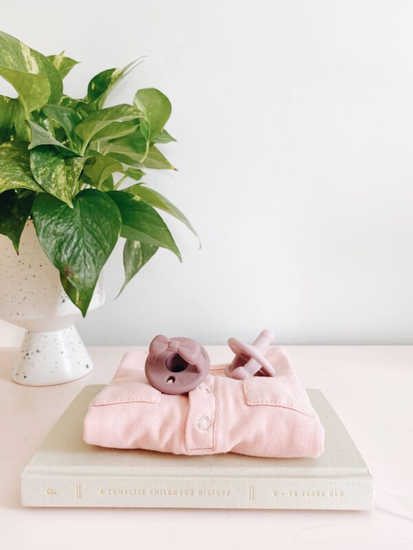 itzy ritzy sweetie soother™ pacifier sets (2 pack): agave + succulent cables Plant, pink shirt, book, and pacifiers on table