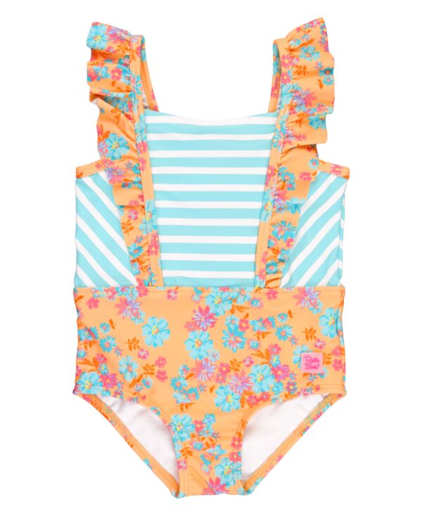 rufflebutts vibrant valley pinafore one piece: Striped and floral ruffle swimsuit for kids