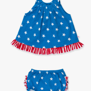 Blue star-print baby dress and bloomers