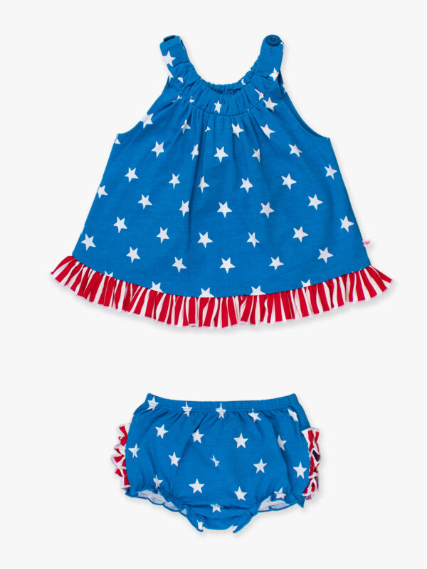Blue star-print baby dress and bloomers