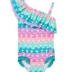 Colorful ruffled one-shoulder swimsuit with patterns.