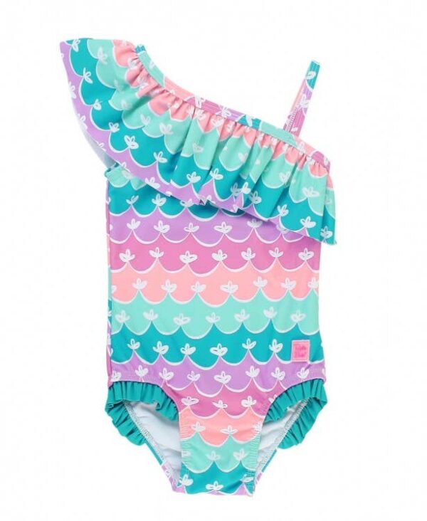Colorful ruffled one-shoulder swimsuit with patterns.