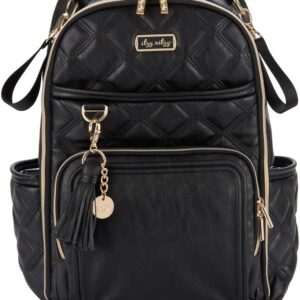 Black quilted backpack with gold zippers and tassels.
