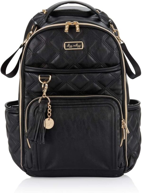 Black quilted backpack with gold zippers and tassels.