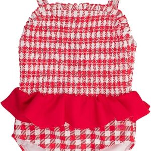 Red checkered swimsuit with ruffle detail