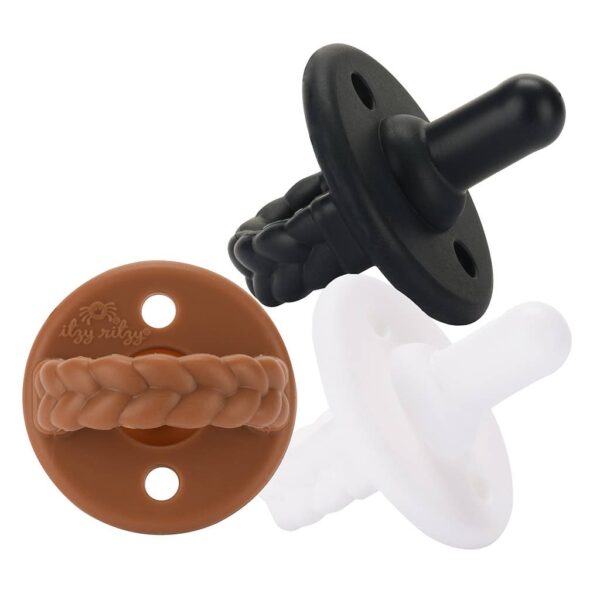 itzy ritzy sweetie soother™ silicone pacifier set of 3 coffee & cream: coffee & cream Three colorful braided pacifiers in black, brown, white.