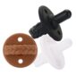Three colorful braided pacifiers in black, brown, white.