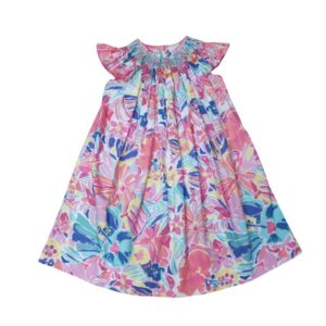 Colorful floral dress with smocked neckline.