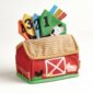 Soft toy barn with numbered colorful flags.