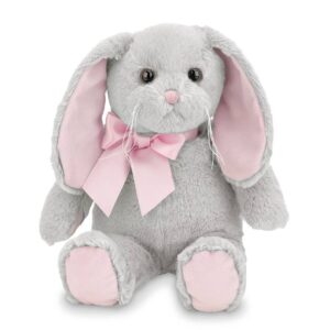 Gray plush bunny with pink ribbon and ears.
