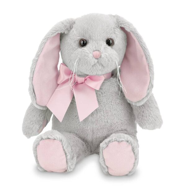 Gray plush bunny with pink ribbon and ears.