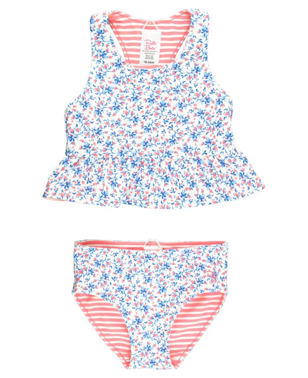 rufflebutts cottage tea time reversible peplum tankini Floral baby swimsuit with pink stripes, two-piece set.