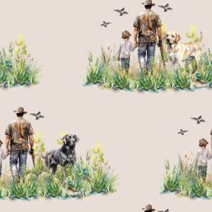 Man, child, and dogs walking in nature, birds flying.