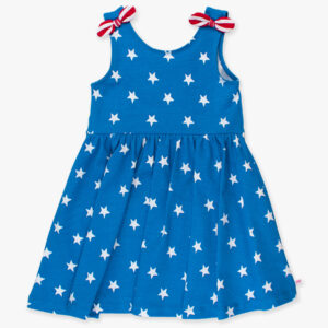 Blue star-patterned dress with red bows