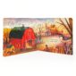 Illustrated snowy farm scene with red barn and animals.
