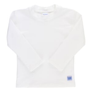 White long-sleeve shirt with label on bottom hem.