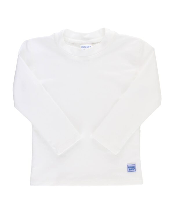 White long-sleeve shirt with label on bottom hem.