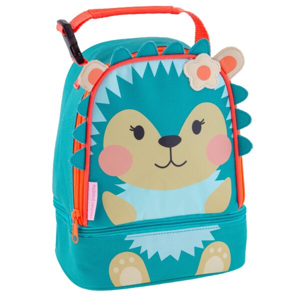 stephen joseph gifts lunch pals Teal hedgehog lunch bag with orange zipper.