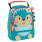 Teal hedgehog lunch bag with orange zipper.