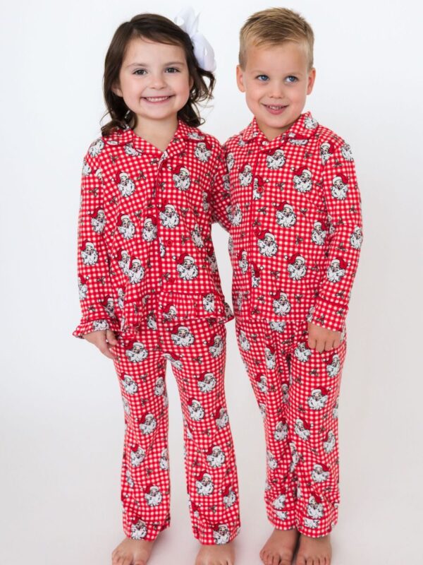 rufflebutts gingham plaid santa pajamas bamboo button down (ruffled) Children in matching red Santa pajamas