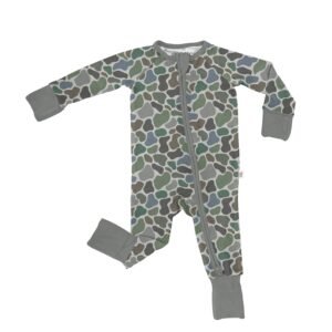 Camouflage baby onesie with gray trim.