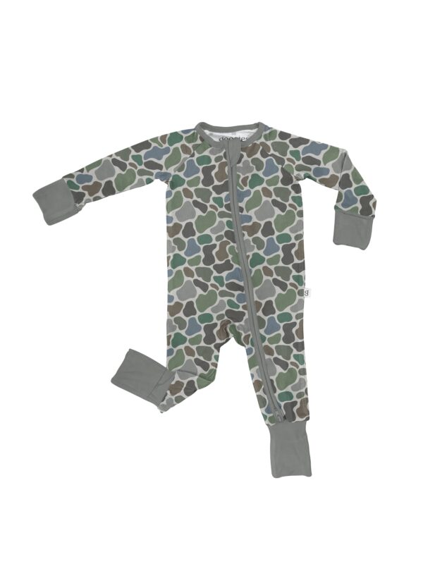 Camouflage baby onesie with gray trim.