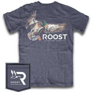 Roost Waterfowl t-shirt with flying duck design.