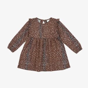 Brown long-sleeve dress with white pattern design.