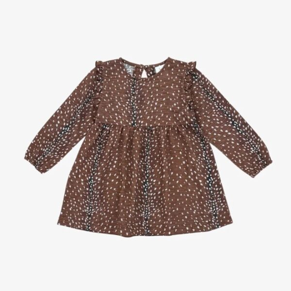 velvet fawn cora dress fawning over you Brown long-sleeve dress with white pattern design.