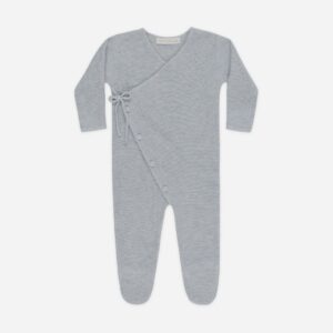 Gray baby onesie with buttons and tie closure