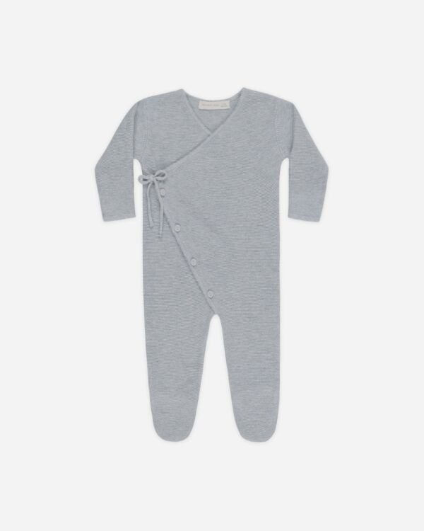 Gray baby onesie with buttons and tie closure