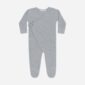 Gray baby onesie with buttons and tie closure