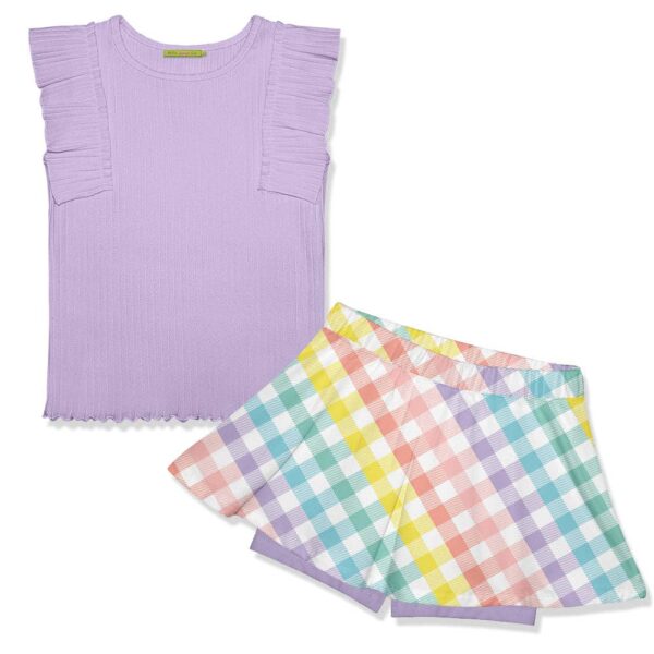 Purple top with rainbow checkered shorts outfit.