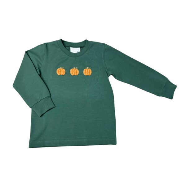 Green shirt with embroidered pumpkins, long sleeve.