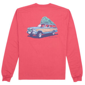 Red long-sleeve shirt with vintage car design.