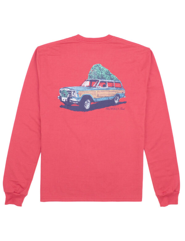 Red long-sleeve shirt with vintage car design.