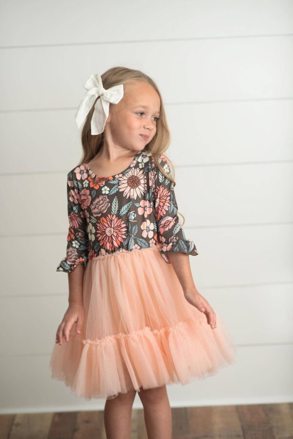 oopsie daisy kids brown & peach vintage floral tulle fall dress Girl in floral dress with peach tutu
