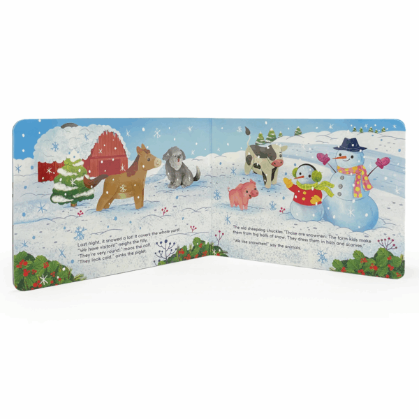 cottage door press first christmas on the farm holiday board book Colorful children's book page with animals in snow.
