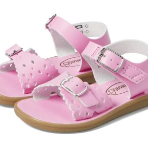 Pink toddler sandals with buckles and cutout design.